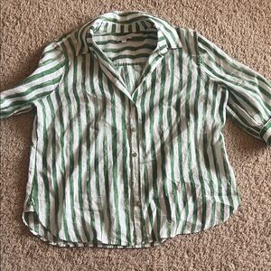 Chico's Green and White Striped Linen Shirt